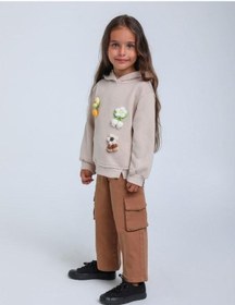 Resim Kız Çocuk Çiçek Örgü Detaylı Kapüşonlu Sweatshirt-14306 Bej 