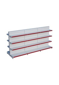 Resim Beyaz Metal Çift Yönlü Orta Reyon 4 Katlı 3'li Birleşik Market Raf Sistemi Market Rafı G270cm Yükseklik H140 Cm Kırmızı 