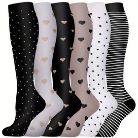 Resim 6 Çift Diz Üstü Kompresyon Çorabı 15-25mmHg Koşu ve Bisiklet için Dolaşım Desteği - Çizgili ve Kalp Desenli Tasarım, Polyester-Spandex Karışımı, Tüm Mevsimler, Çok Renkli Seçenekler, Tam Kompresyon Çorapları, Atletik Diz Üstü, Eğlenceli Tasarım 