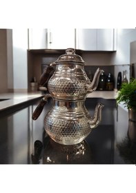 Resim Bakır Çaydanlık & Bakır Demlik El Yapımı Zımba Desenli Gümüş Renk Gümüş 