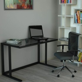 Resim Evka Tekli Desk Çalışma Masası - Mat Siyah Ayak Füme Cam 