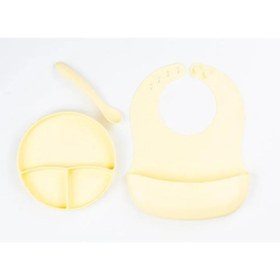 Resim Sarı 3’lü Silikon Yemek Seti – Önlük + Diş Kaşıyıcılı Kaşık + Vakumlu Tabak 