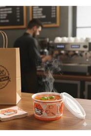 Resim Karton Bardak Bencup Karton Çorba Kasesi, 16 oz (473 ML ), Şeffaf Kapaklı, 25 Adet - Paket Servis İçin Sızdırmaz 