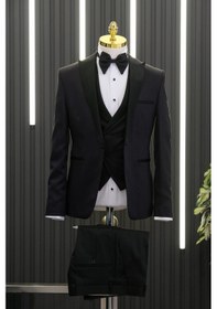 Resim Slimfit Skinny Kesim Desenli Sivri Sabit Yaka Yelekli Papyonlu Smokin Takım Elbise 001 