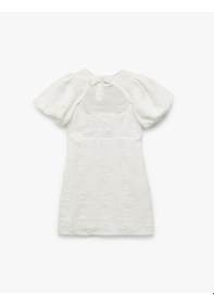 Resim Koton Kısa Balon Kollu Dokulu Bisiklet Yaka A Kesim Mini Elbise Ekru 5skg80092ak Ekru 