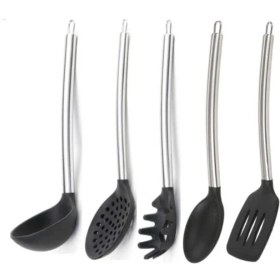 Resim Siyah Silikon Mutfak Seti 3 Parça: Kaşık, Spatula, Kepçe, Spagetti Kaşığı, Kevgir 