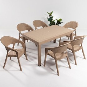 Resim Garden Large 90x150cm Rattan Cappucino Masa Takımı Bahçe&balkon - 1 Masa 6 Sandalye Krem 