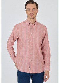 Resim Uzun Kol Çizgili Desen Armürlü Düğmeli Yaka Cepli Pamuklu Classic Comfort Fit Gömlek 1004250157 Pembe 