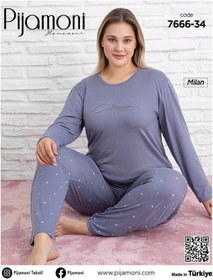 Resim Pijamoni Kadın Milan Büyük Beden Bisiklet Yaka Uzun Kol İnce Pijama Takımı 7666/34 - 1 Adet Lila 