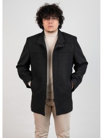 Resim Yakalı Klasik Kesim Fermuarlı Kaşe Erkek Kaban Antrasit 