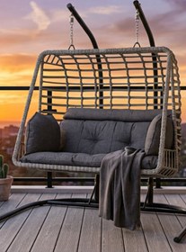Resim KalyonHome Salina Çift Kişilik Bahçe Salıncağı Balkon Salıncağı Ayaklı Salıncak Gri Sentetik Rattan 200 cm 