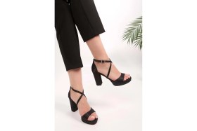 Resim Shoeberry Kadın Dia Siyah Saten Platform Topuklu Ayakkabı 