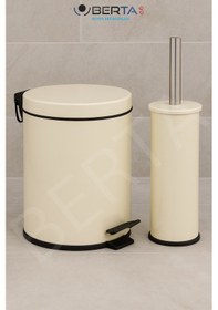 Resim Berta 2'li Beyaz Banyo Seti Çöp Kovası Tuvalet Fırçası - Mini Boy Çöp Poşeti Hediyelidir Krem 