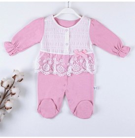 Resim Candar 3-6-9 Ay Kız Bebek Tulumu Gofralı Fransız Güpürlü Pembe 