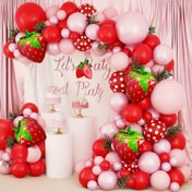 Resim 140 adet Kırmızı ve Pembe Çilek Balon Kemer Çelenk Seti, Çilek Folyo Balon, Kırmızı Polka Dots Lateks Balon, Çilek Temalı Doğum Günü Partisi, Sevgililer Günü, Anneler Günü, Düğün, İç ve Dış Mekan Dekorasyon Malzemeleri 