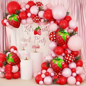 Resim 140 adet Kırmızı ve Pembe Çilek Balon Kemer Çelenk Seti, Çilek Folyo Balon, Kırmızı Polka Dots Lateks Balon, Çilek Temalı Doğum Günü Partisi, Sevgililer Günü, Anneler Günü, Düğün, İç ve Dış Mekan Dekorasyon Malzemeleri 