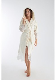 Resim Dantelli Uzun Kapüşonlu Triga Bambu Cotton Bayan Bornoz Krem 