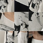 Resim Bahar ve Yaz için Düz Renk Omuzlu Baskılı Rahat Uzun Kollu Üst, Trend Kadın Kazak. 