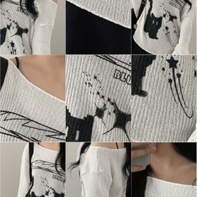 Resim Bahar ve Yaz için Düz Renk Omuzlu Baskılı Rahat Uzun Kollu Üst, Trend Kadın Kazak. 