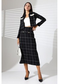 Resim Mois Atelier Siyah Tüvit Uzun Kol Crop Ceket Gold Düğme Detaylı Midi Kalem Etek Takım Tesettür Siyah 