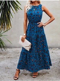 Resim Kadın Kolsuz Bisiklet Yaka Beli Lastikli Desenli Süprem Elbise Mavi 