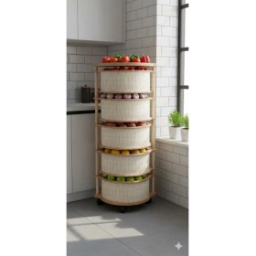 Resim Arbor 5 Katlı Yuvarlak Ahşap Sebzelik – Dev Hacimli Mutfak ve Kiler Düzenleyici 