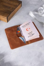 Resim DK LEATHER Hakiki Deri Kahverengi Pasaport Kılıfı Seyahat Cüzdanı - Pasaport Koruyucu - Not Defteri Kılıfı 