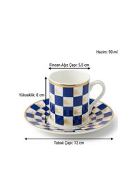 Resim Horse Mavi Beyaz Dama Dekor 6 Kişilik Porselen Kahve Fincan Takımı 90 Ml. Mavi - Beyaz 