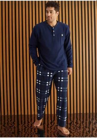 Resim Pijamoni Erkek Düğme Yaka Kışlık Polar Pijama Takımı 6100/13 - 1 Adet Lacivert 