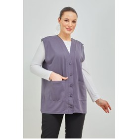 Resim Fresh&Moda Kadın Gri Kısa Cepli Düğmeli Penye Anne Büyük Beden Yelek 
