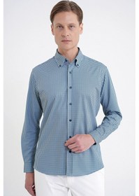 Resim Slim Fit Pötikare Baskılı Pamuklu Yaka Düğmeli Yeşil Gömlek G 1604 