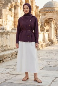 Resim adamila Kadın Bordo Yaka Düğme Detaylı Belden Bağlamalı Şık ve Modern Tesettür Gömlek Tunik Yazlık 