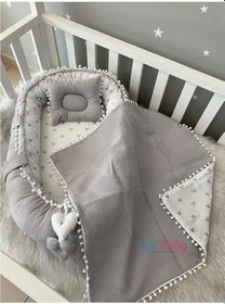 Resim Nest Gri Wafle Pike Kumaş Micky Tasarım Ponponlu 3'lü Jaju-babynest Set 