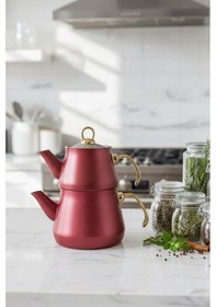 Resim Granit Kaplama Gold Kulplu Cam Kapak Çaydanlık Bordo Bordo 