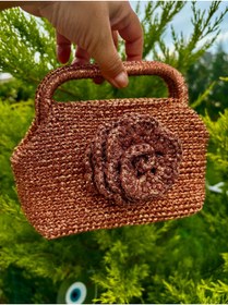 Resim UNİCORNS Bakır Renk Clutch, Simli Burslu Clutch, Saplı Clutch, Kroşe Gül Detaylı Saplı Clutch Çanta 