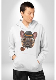 Resim Köpek Pug Gözlüklü Kadın Erkek Beyaz Kapüşonlu Sweatshirt Hoodie Beyaz 
