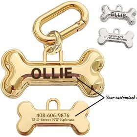 Resim 1 Adet 3D Kemik Şekilli Evcil Hayvan Kimlik Etiketi - Lazer Kazımalı Özel İsim, Adres & Telefon Numarası, Altın Kaplama Dayanıklı Metal Köpek Künyesi, Doğum Günleri, Düğünler ve Tatiller İçin Kişiselleştirilmiş Hediye, Kaliteli İşçilik 