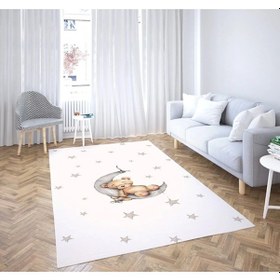 Resim Ayda Uyuyan Ayıcık Kaymaz Taban Çocuk Oda Halısı Beyaz - Gri 