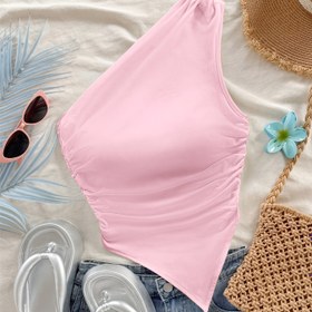 Resim Kadınlar için Asimetrik Tek Omuzlu Tank Top - Düz Pembe Yazlık Plaj Giysisi, Asimetrik Etek & Yaka, Hafif Esnemez Kumaş, Makinede Yıkanabilir, Günlük Havuz Kenarı Kıyafeti 