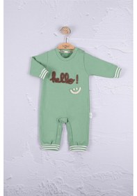 Resim Hello Nakışlı % 100 Pamuk Erkek Bebek Tulum Yeşil 