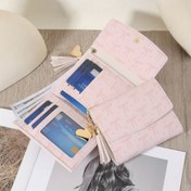 Resim Retro Baskılı Kadın Üç Katlı Kısa Cüzdan - Pembe Altın Tokalı, Çoklu Kart Yuvası ve Püskül Aksesuarlı, Kompakt Hafif Tasarım, Üniversite ve Günlük Kullanım İçin, Polyester Astar 