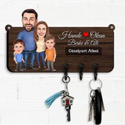 Resim Biricik Karım ve Çocuklarım Karikatürlü Anahtar Askısı 