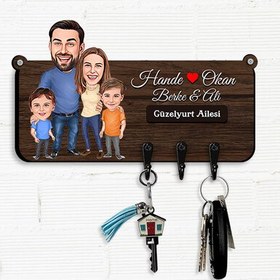 Resim Biricik Karım ve Çocuklarım Karikatürlü Anahtar Askısı 