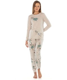 Resim Vishenka Kadın Kahve Melanj Viskon Likralı Baskılı Pijama Takımı Beyaz 