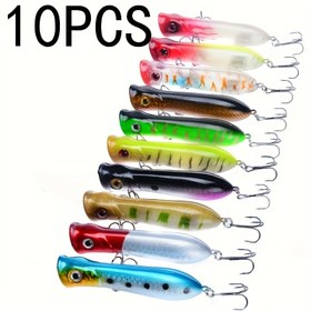 Resim 10 Adet Topwater Popper Balıkçılık Yemleri - Bas, Alabalık ve Daha Fazlası için Üçlü Kanca ile Gerçekçi Yapay Sert Yemler - Karışık Renkler (Kırmızı, Sarı, Yeşil, Siyah, Mavi) - ABS Malzeme, Gerçekçi Tasarım, Tatlısu Balıkçılığı için Mükemmel, Alabalık Balıkçılığı Yemleri | Canlı Yemler | Keskin Üçlü Kanca, Balıkçılık Yemi 