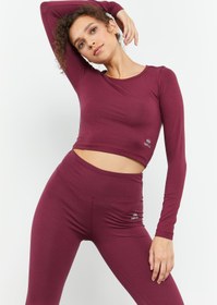 Resim TOMMY LIFE Bordo Uzun Kollu Dar Kalıp O Yaka Kadın Crop Top T-shirt - 97150 