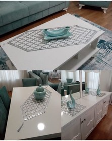 Resim KEÇECİ ŞEYDA Gümüş Deri Salon Takımı ( 1 Masa Runner 1 Orta Sehpa Runner 2 Pecete) 