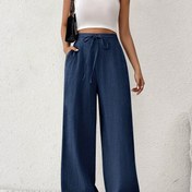 Resim Kadın Yüksek Bel Bağcıklı Pantolon - Siyah Rahat Geniş Bacaklı Pantolon, Ayarlanabilir Bağcıklı Bel, Konforlu Tüm Mevsim Giyim, Makinede Yıkanabilir Polyester Karışımı, Rahat Giyim | Geniş Bacaklı Pantolon | Pürüzsüz Dokulu Kumaş 