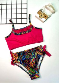 Resim cacobutik kız çocuk hawaii yaprak baskılı bikini takım fuşya 