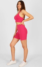 Resim Yüksek Bel Büzgülü Push-Up Spor Tayt Şort Pembe - XS 